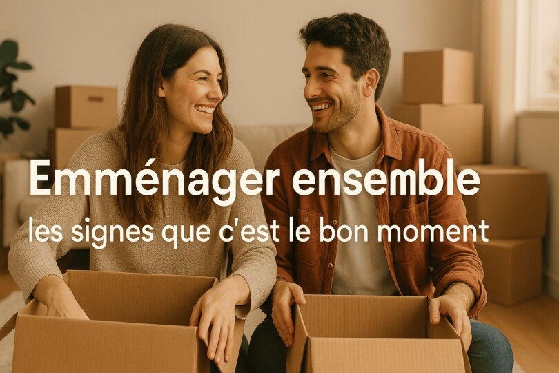 Photo d’un couple souriant assis parmi des cartons de déménagement, symbolisant l’emménagement ensemble et les signes que c’est le bon moment.