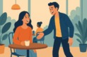 Illustration d’un homme qui aborde une femme dans un café avec un sourire amical, symbolisant l’art de faire le premier pas sans paraître creepy.