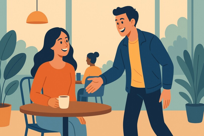 Illustration d’un homme qui aborde une femme dans un café avec un sourire amical, symbolisant l’art de faire le premier pas sans paraître creepy.