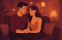 Fantasmes sexuels en couple illustrés par un couple complice assis sur un canapé dans une ambiance douce et intime, représentant la communication et la confiance nécessaires pour en parler et les réaliser sans drama.