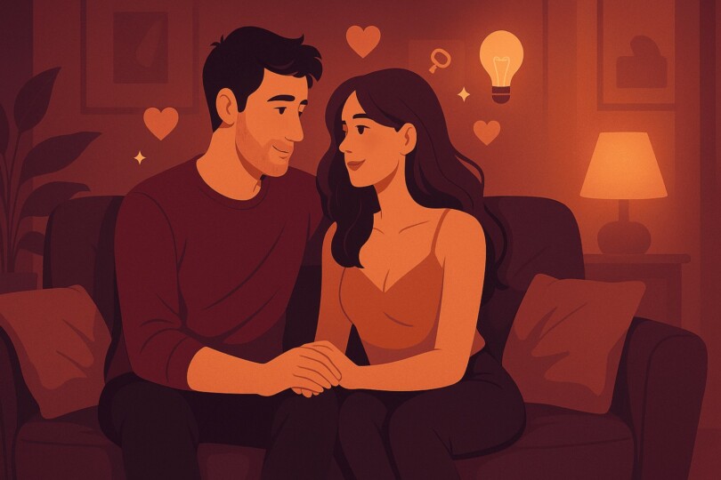 Fantasmes sexuels en couple illustrés par un couple complice assis sur un canapé dans une ambiance douce et intime, représentant la communication et la confiance nécessaires pour en parler et les réaliser sans drama.