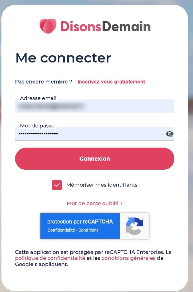 Image montrant le formulaire de connexion à DisonsDemain. Il suffit de remplir les champs « Adresse e-mail » et « Mot de passe », puis de cliquer sur le bouton « Connexion »