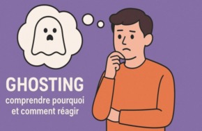 Illustration d’un homme pensif avec une bulle contenant un fantôme triste, symbolisant le ghosting et la question de comprendre pourquoi et comment réagir.
