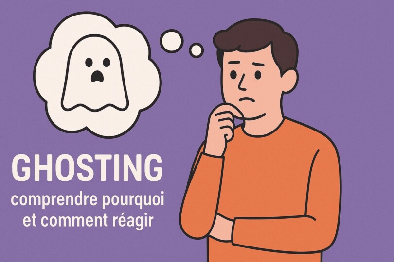 Illustration d’un homme pensif avec une bulle contenant un fantôme triste, symbolisant le ghosting et la question de comprendre pourquoi et comment réagir.