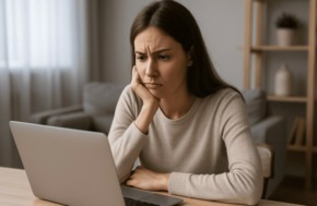 j'ai peur de m'inscrire sur un site de rencontre femme inquiète devant son ordinateur portable