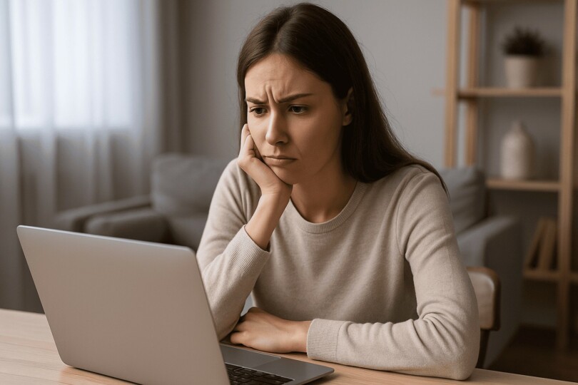 j'ai peur de m'inscrire sur un site de rencontre femme inquiète devant son ordinateur portable