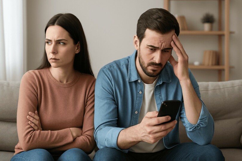 couple assis sur un canapé montrant des signes de tension et de jalousie, la femme contrariée et l’homme absorbé par son téléphone