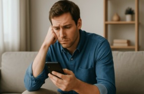 je n'ai pas de belles photos pour mon profil homme seul pensif regardant son téléphone portable