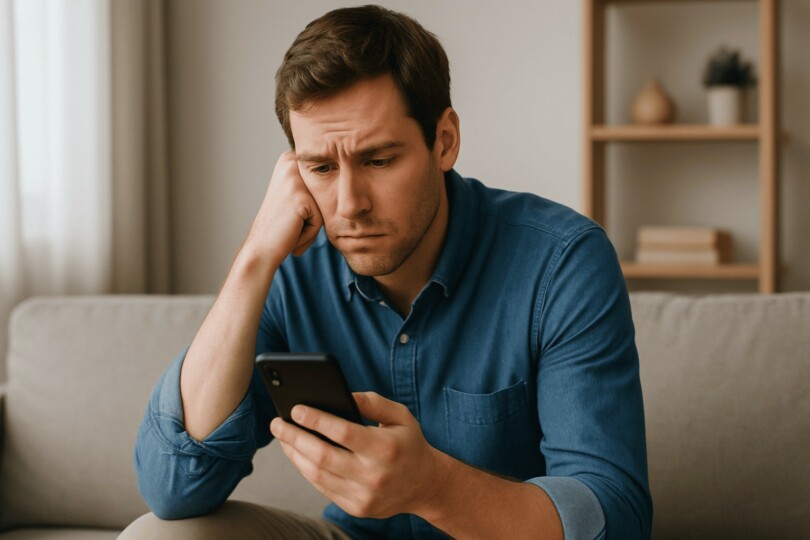 je n'ai pas de belles photos pour mon profil homme seul pensif regardant son téléphone portable