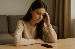 la règle du contact zéro après une rupture femme pensive regardant son téléphone posé sur la table sans y toucher