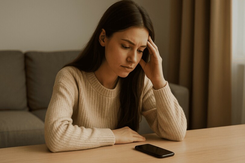 la règle du contact zéro après une rupture femme pensive regardant son téléphone posé sur la table sans y toucher