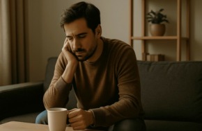 mon ex me manque que faire homme seul pensif assis dans son salon devant une tasse de café