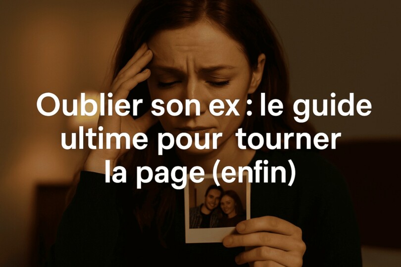 Photo d’une femme triste tenant une photo de couple, avec le texte Oublier son ex : le guide ultime pour tourner la page (enfin) affiché clairement en deux lignes.