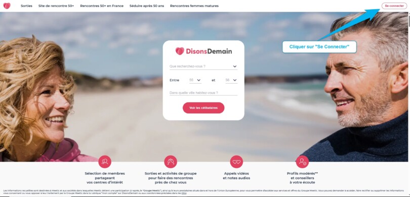 Image de la page d’accueil du site de rencontre Disons Demain avec une flèche et un texte qui indique qu’il faut cliquer sur le bouton 