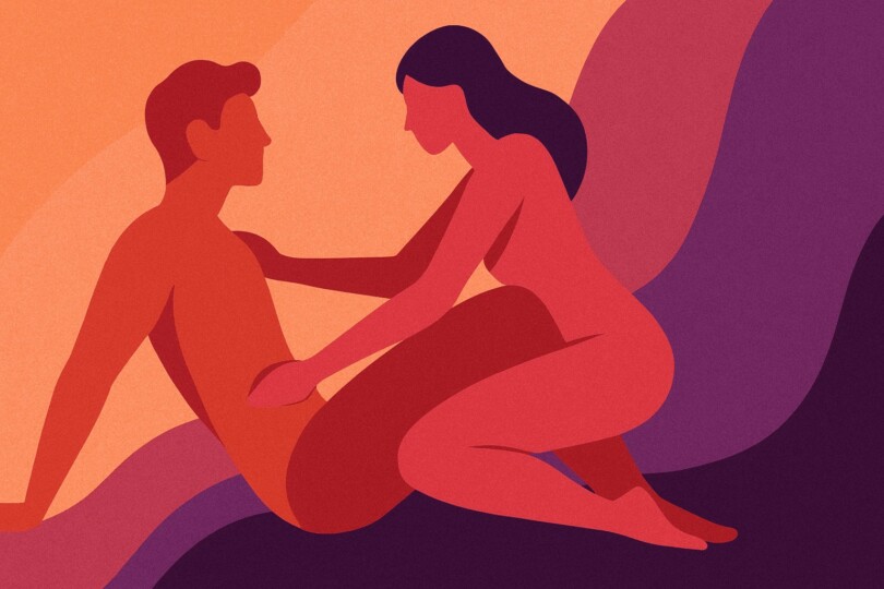 Illustration abstraite d’un couple explorant des positions sexuelles pour mieux contrôler l’excitation et tenir plus longtemps au lit.
