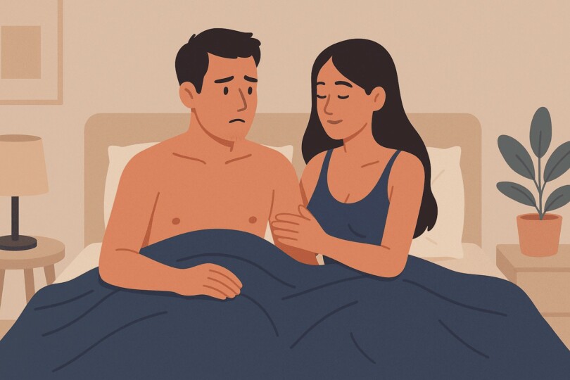 Homme préoccupé au lit réconforté par sa partenaire – pourquoi certains hommes n’arrivent pas à tenir plus longtemps au lit