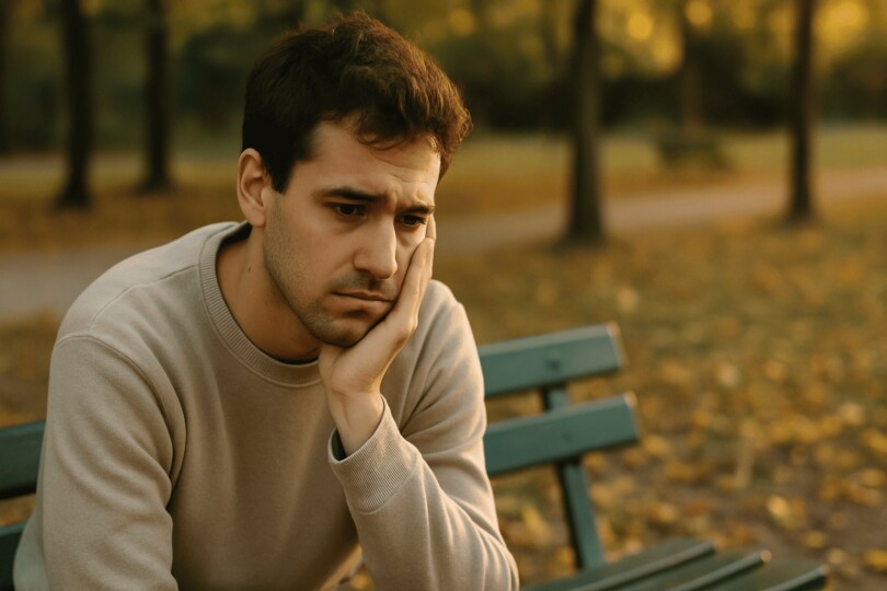 pourquoi je n'arrive pas à trouver l'amour homme pensif assis seul sur un banc en automne