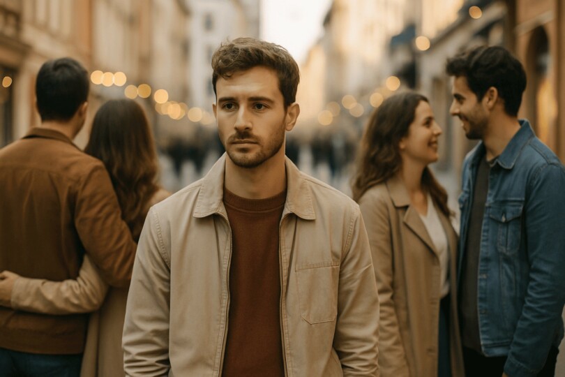 pourquoi je ne trouve personne dans la vraie vie homme seul dans une rue animée entouré de couples