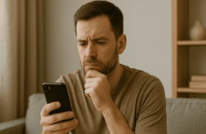 un homme devant son téléphone qui ne sait pas quoi écrire dans son premier message pour prendre contact avec une femme célibataire