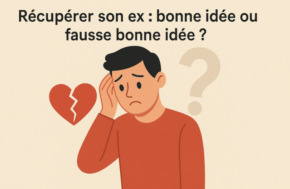 Illustration d’un homme pensif tenant sa tête, avec un cœur brisé et un point d’interrogation, symbolisant la question récupérer son ex : bonne idée ou fausse bonne idée.