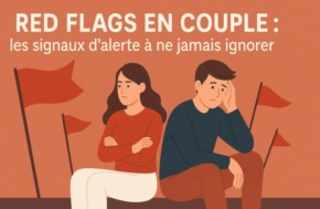 Illustration d’un couple assis, l’air contrarié, entouré de drapeaux rouges symbolisant les signaux d’alerte dans une relation.