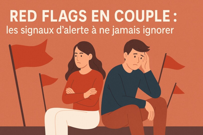 Illustration d’un couple assis, l’air contrarié, entouré de drapeaux rouges symbolisant les signaux d’alerte dans une relation.