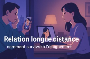 Illustration d’un couple séparé par la distance, en appel vidéo chacun de leur côté, symbolisant les relations longues distances et comment survivre à l’éloignement.