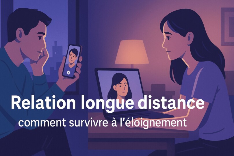 Illustration d’un couple séparé par la distance, en appel vidéo chacun de leur côté, symbolisant les relations longues distances et comment survivre à l’éloignement.