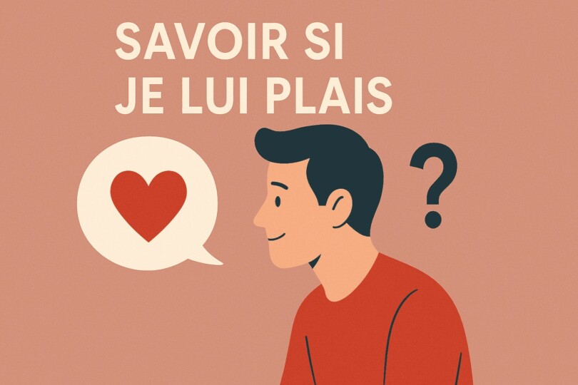 Illustration d’un homme souriant avec une bulle contenant un cœur et un point d’interrogation à côté de lui, symbolisant la question savoir si je lui plais.