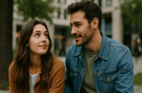 jeune couple discutant dehors, la femme souriante regarde l’homme attentif, illustrant les signes d’intérêt dans le langage corporel masculin