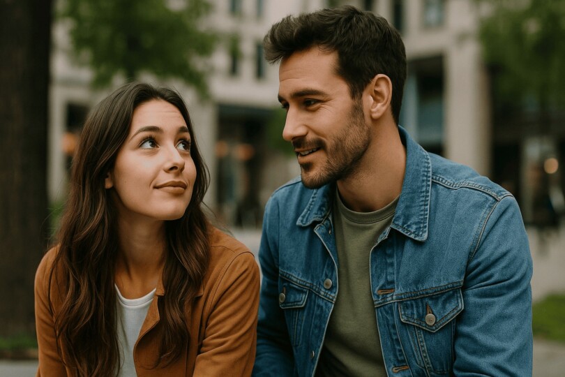 jeune couple discutant dehors, la femme souriante regarde l’homme attentif, illustrant les signes d’intérêt dans le langage corporel masculin