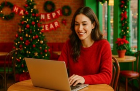 s'inscrire en janvier sur un site de rencontre une femme souriante en pull rouge utilise son ordinateur portable dans un café décoré pour la nouvelle année