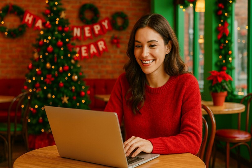 s'inscrire en janvier sur un site de rencontre une femme souriante en pull rouge utilise son ordinateur portable dans un café décoré pour la nouvelle année