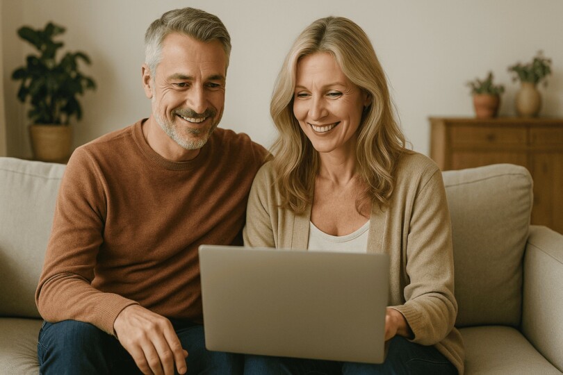 sites de rencontre après 40 ans couple souriant d'âge mûr utilisant un ordinateur portable ensemble