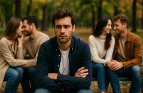 tout le monde trouve quelqu'un sauf moi homme seul assis sur un banc entouré de couples amoureux