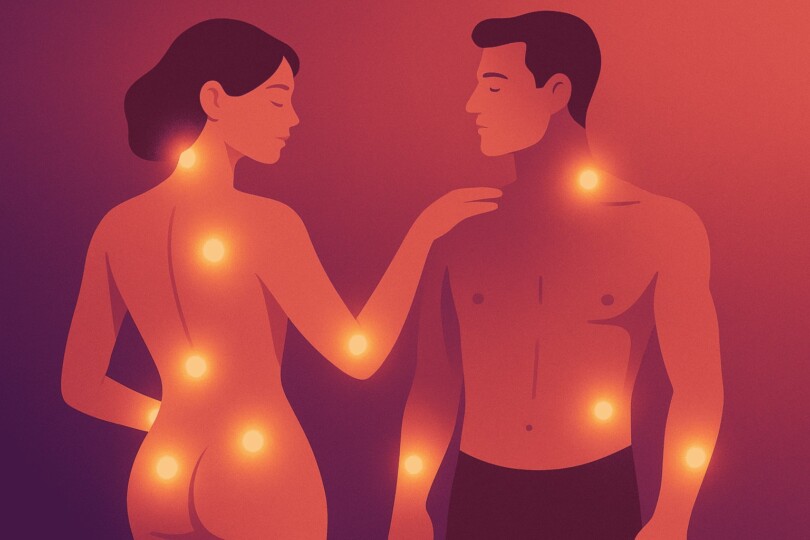 Zones érogènes méconnues représentées sur une illustration abstraite du corps humain, mettant en valeur les zones de plaisir féminin et masculin.