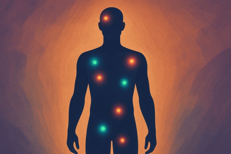 Illustration stylisée d’une silhouette masculine avec des points lumineux représentant 15 zones érogènes méconnues et insoupçonnées chez l’homme.
