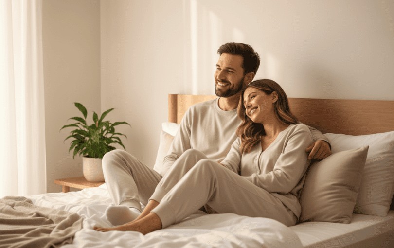 Couple heureux et détendu illustrant les bienfaits du lubrifiant intime pour le confort et le plaisir