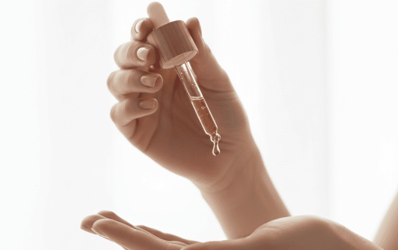 Mains féminines versant quelques gouttes d’huile naturelle pour utilisation comme lubrifiant intime