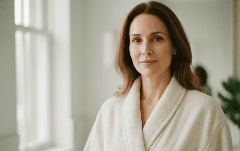 Femme sereine et confiante symbolisant le bien-être intime féminin et le confort avec lubrifiant adapté