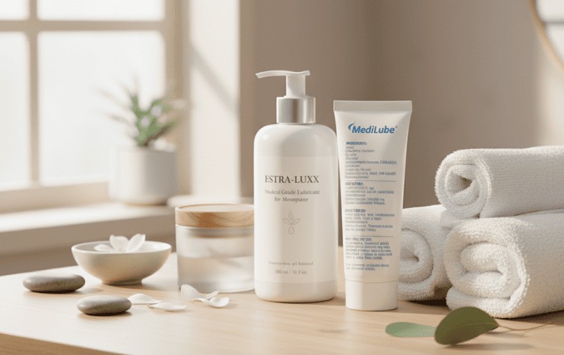 Flacon de lubrifiant médical sur fond blanc avec composition naturelle