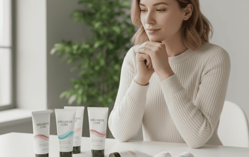 Femme réfléchissant au choix d'un lubrifiant intime avec plusieurs produits devant elle