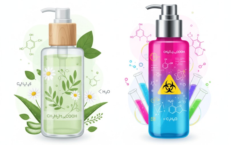 Comparaison visuelle entre lubrifiant naturel bio avec ingrédients sains et produit synthétique avec compositions chimiques à éviter