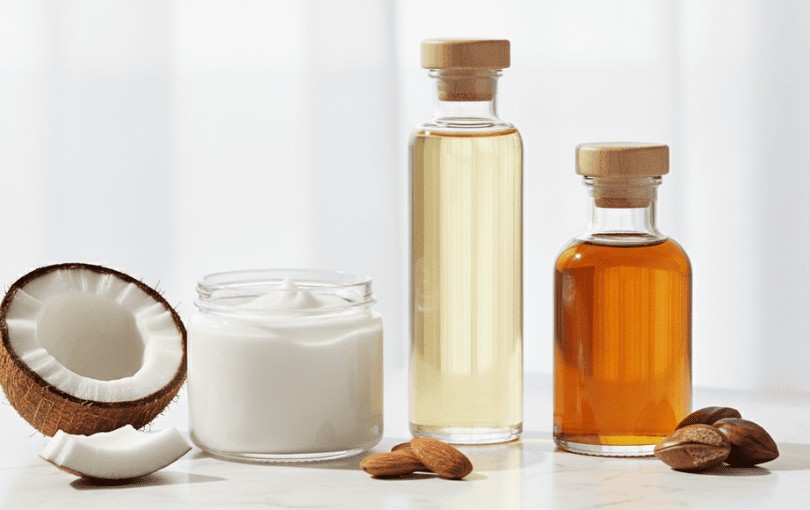 Trois flacons d’huiles végétales naturelles différentes (coco, amande, argan) côte à côte pour comparer les textures et couleurs