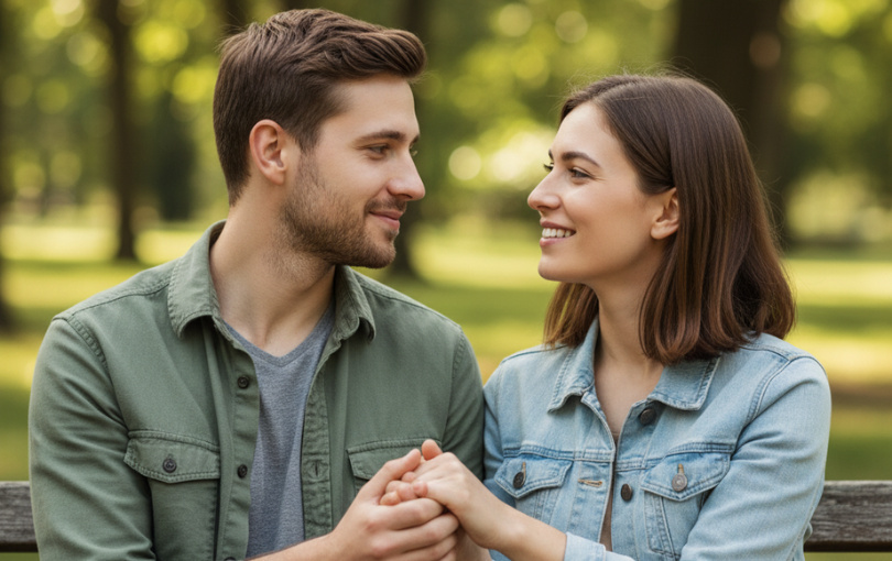 Cette image présente un jeune couple assis sur un banc en bois dans un parc verdoyant, se tenant tendrement la main. Leurs regards sont doux et complices, se faisant face avec des sourires subtils qui évoquent une profonde connexion et une confiance mutuelle. L'homme, vêtu d'une chemise verte, et la femme, portant une veste en jean, sont décontractés et sereins. L'arrière-plan flou de feuillage vert et de lumière naturelle crée une atmosphère calme et intime, symbolisant la sécurité et le soutien émotionnel essentiels à une relation durable. Cette scène illustre parfaitement les thèmes de l'article sur 'Gagner la Confiance d'une Femme', mettant en lumière l'importance de la connexion, du respect et de la vulnérabilité partagée dans la construction d'une relation solide.