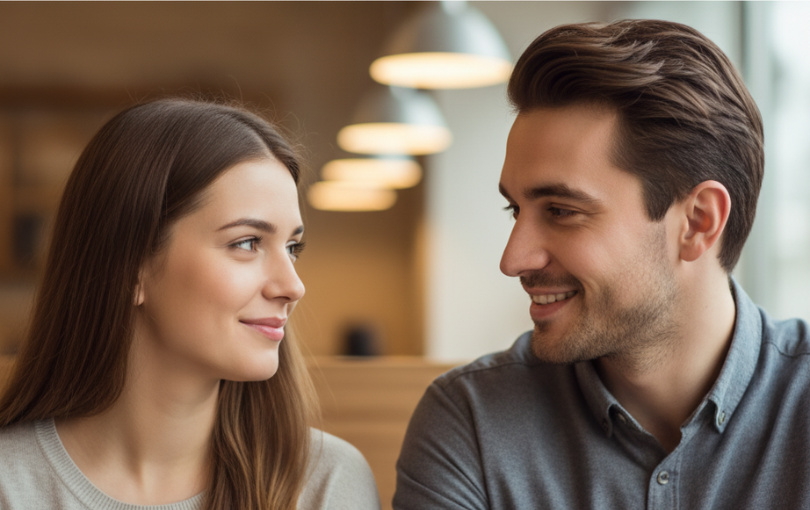 Cette photographie capture un moment clé d'une interaction respectueuse et douce entre un jeune homme et une jeune femme dans un environnement de café paisible. Le couple se regarde avec des sourires subtils et complices, évoquant une connexion authentique et un intérêt mutuel naissant. La femme, avec une expression légèrement réservée mais engageante, reflète la thématique de la timidité, tandis que l'homme témoigne de patience et de compréhension. L'arrière-plan du café, lumineux et chaleureux, avec ses boiseries claires et ses luminaires doux, suggère un cadre idéal et non intimidant pour une première rencontre ou une conversation approfondie. L'image illustre parfaitement les principes de communication non verbale et de construction de confiance abordés dans l'article sur comment aborder une femme timide, soulignant l'importance de l'écoute et du respect dans le processus de séduction.