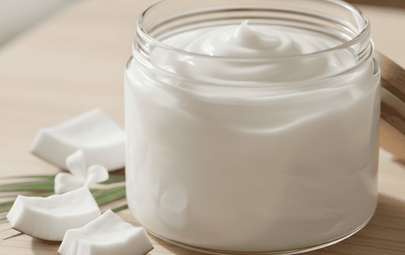 Huile de coco vierge bio dans pot en verre avec texture solide et crémeuse, idéale comme lubrifiant naturel