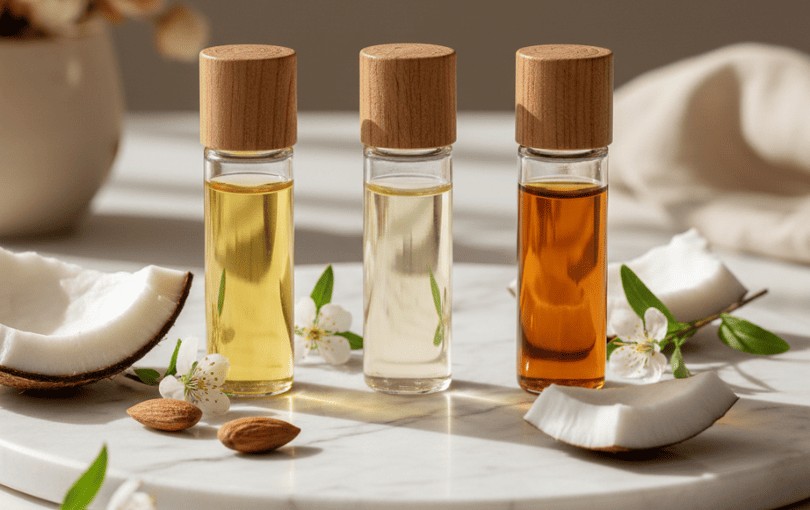 Huile lubrifiant intime naturelle - huile de coco, amande douce et argan disposées sur surface naturelle avec fleurs blanches