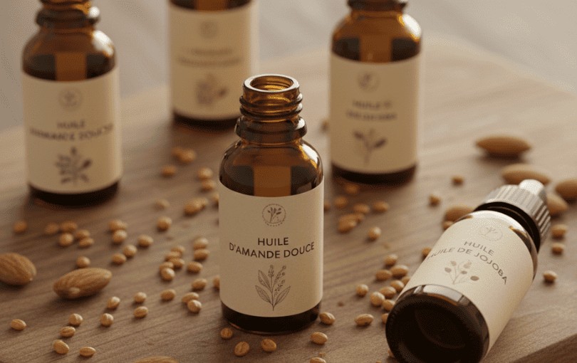 Assortiment d’huiles végétales naturelles (amande douce, jojoba, coco) utilisables comme lubrifiants intimes