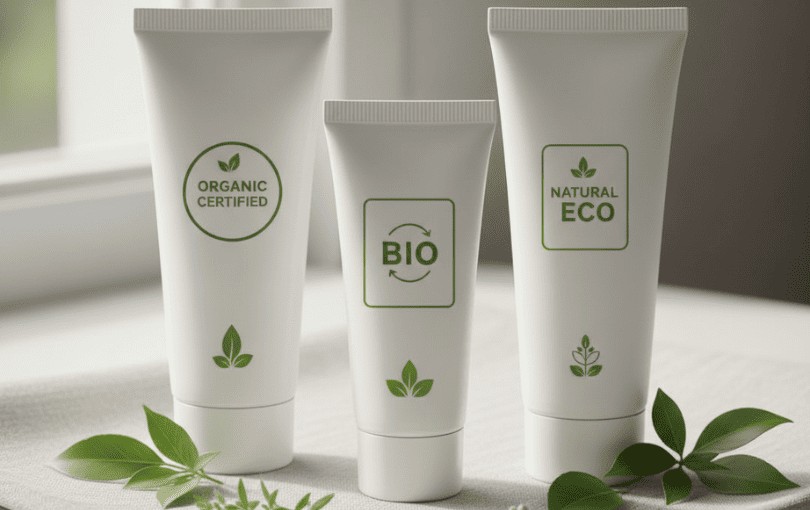 Tubes de lubrifiant naturel avec logos de certification bio Ecocert et labels biologiques officiels